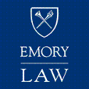 Image with white Emory Law logo on blue background