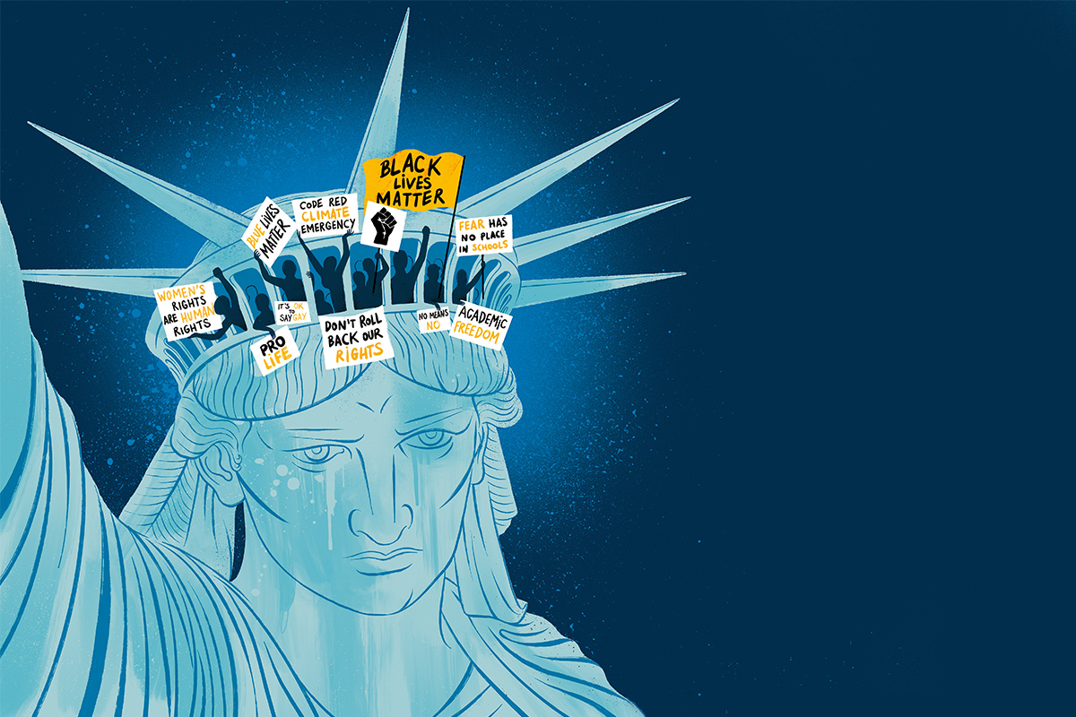 Illustration of Statue of Liberty crying with people protesting and holding social justice signs in the crown