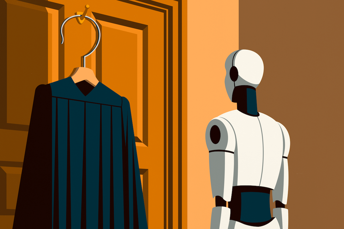 illustration of robot looking at hanging judge's robe