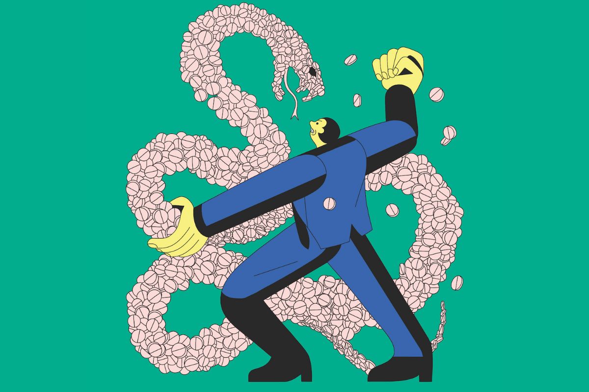 Illustration of a man fighting with a snake made up of pills
