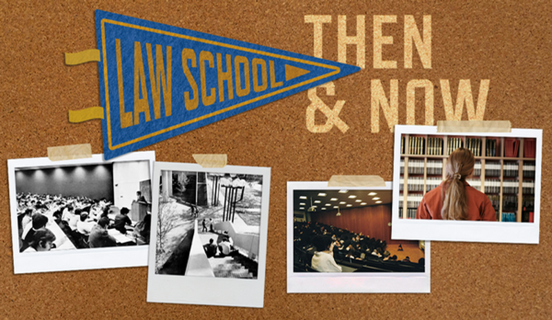 Corkboard with law school flag , polaroid pictures and the words Then and Now